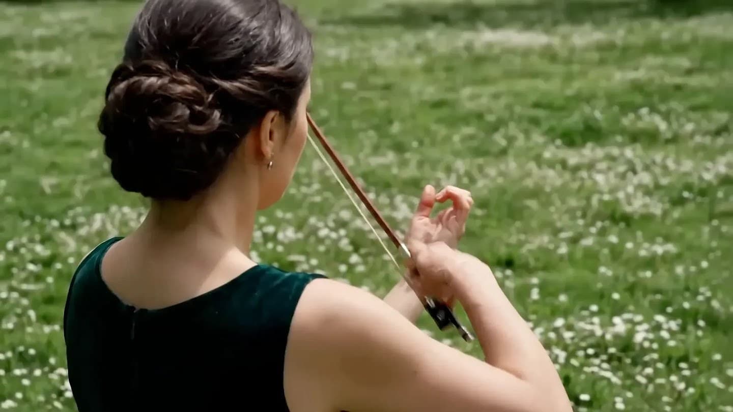 Démo Gemini Omni Flash, personnage féminin de dos jouant du violon dans un champ d'herbe et paquerettes