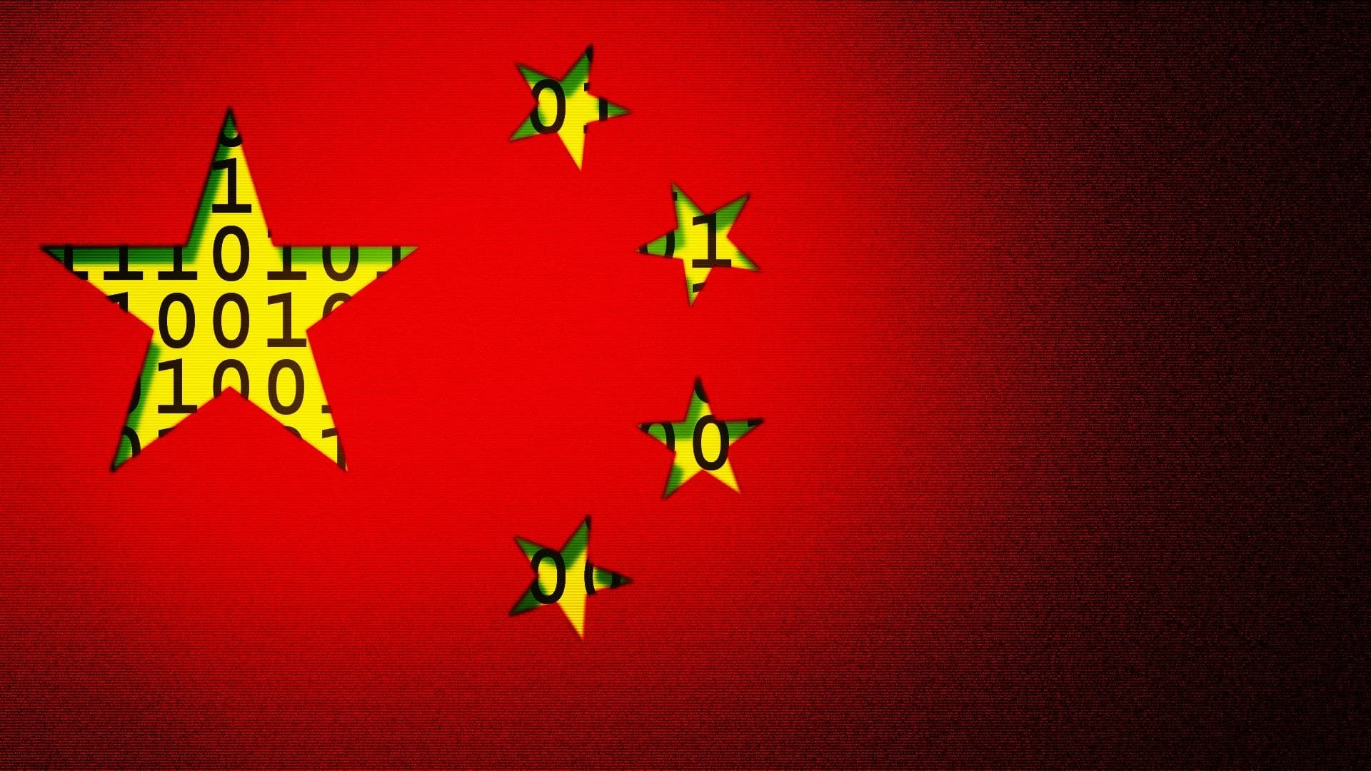 Drapeau chinois éditorial avec étoiles composées de chiffres binaires.