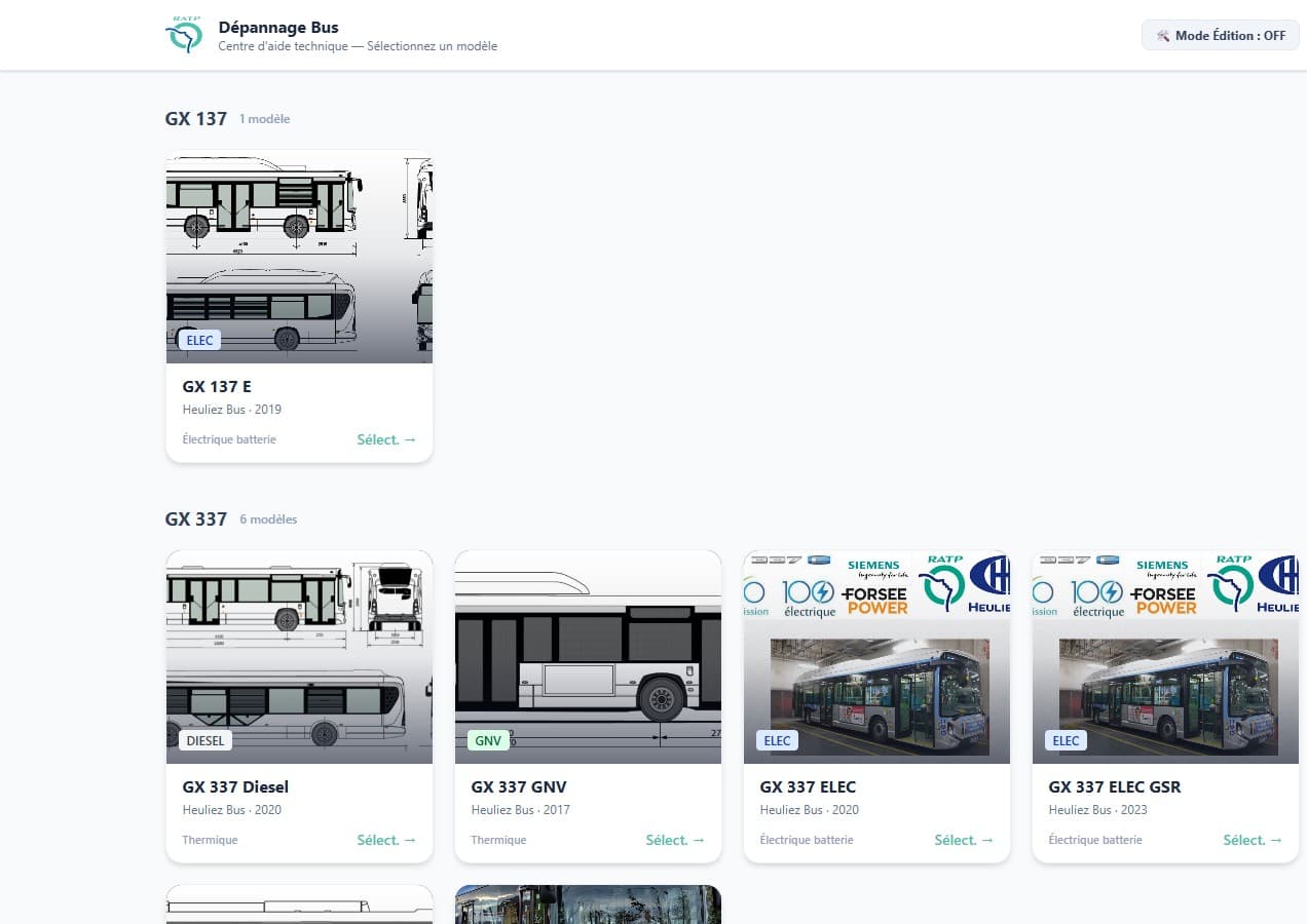 Écran de sélection des modèles de bus, avec vignette par véhicule et badge d'énergie